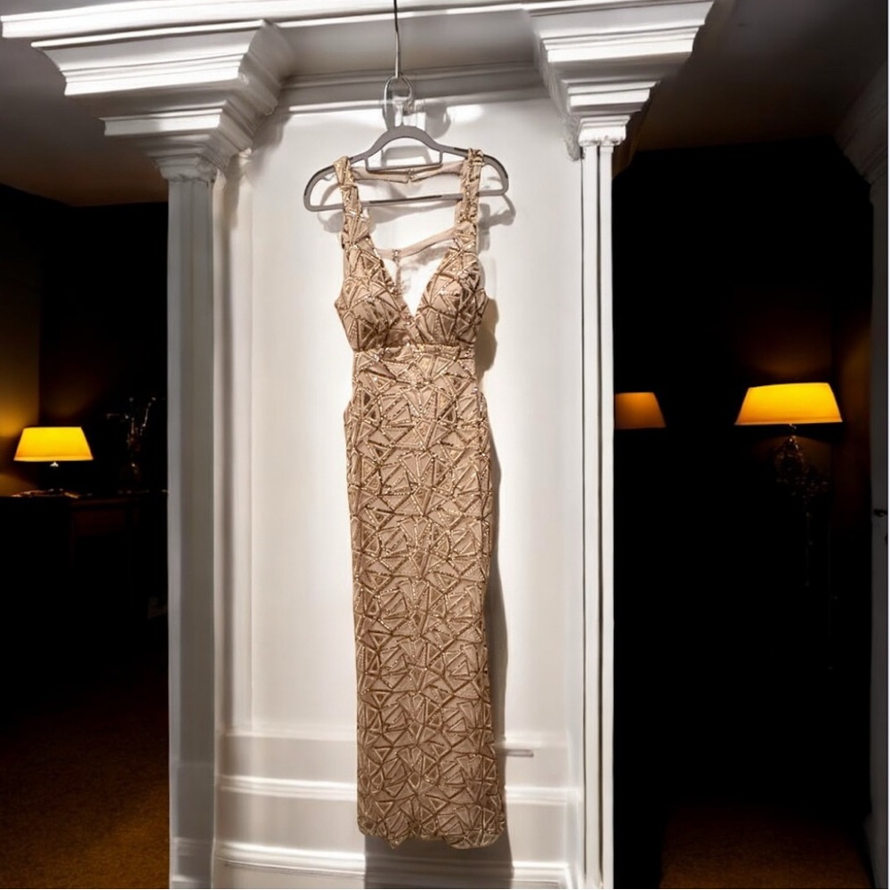 Morgan & Co. Beige Geometric Gown